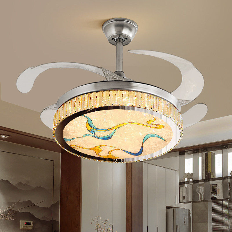 新中式珐琅彩水晶隐形风扇灯客厅吊扇灯卧室餐厅灯轻奢现代茶室灯,淘宝优惠券,粉丝福利购,淘宝优惠卷