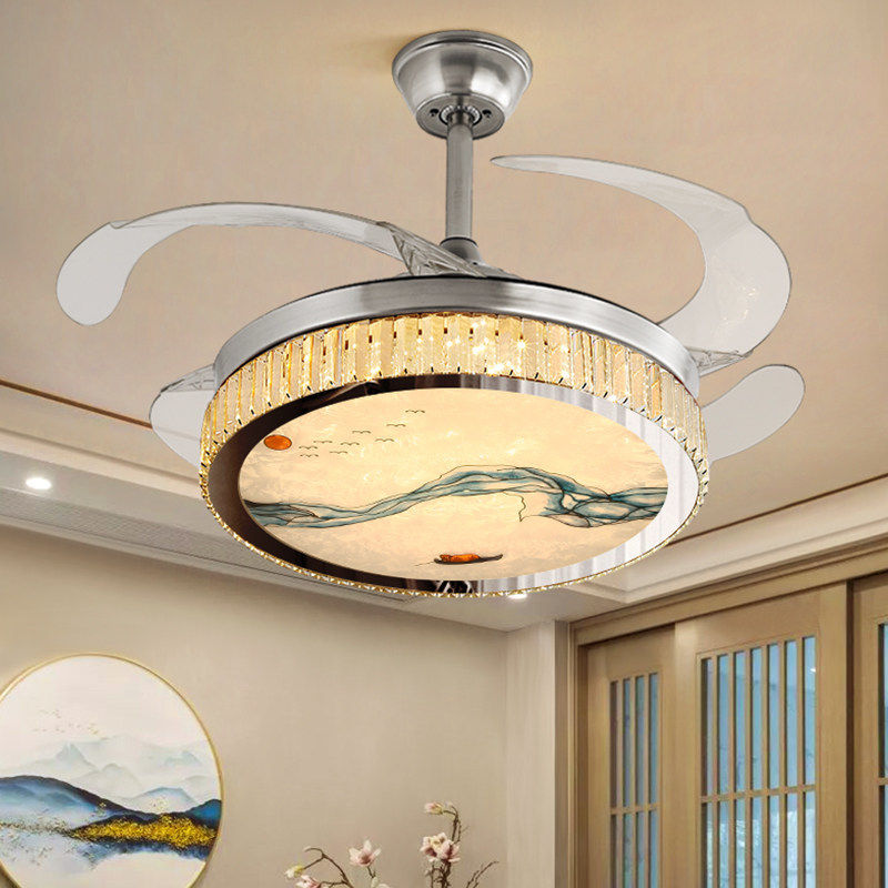 新中式珐琅彩水晶隐形风扇灯客厅吊扇灯卧室餐厅灯轻奢现代茶室灯,淘宝优惠券,粉丝福利购,淘宝优惠卷