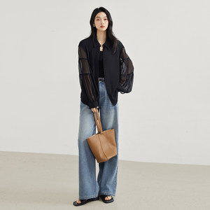 对白DUIBAI复古灯笼袖黑色雪纺衬衫女2024春装新款高级感气质上衣