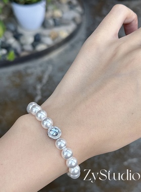 ZyStudio海蓝宝人造澳白珍珠手链2024新款女轻奢弹力绳手链