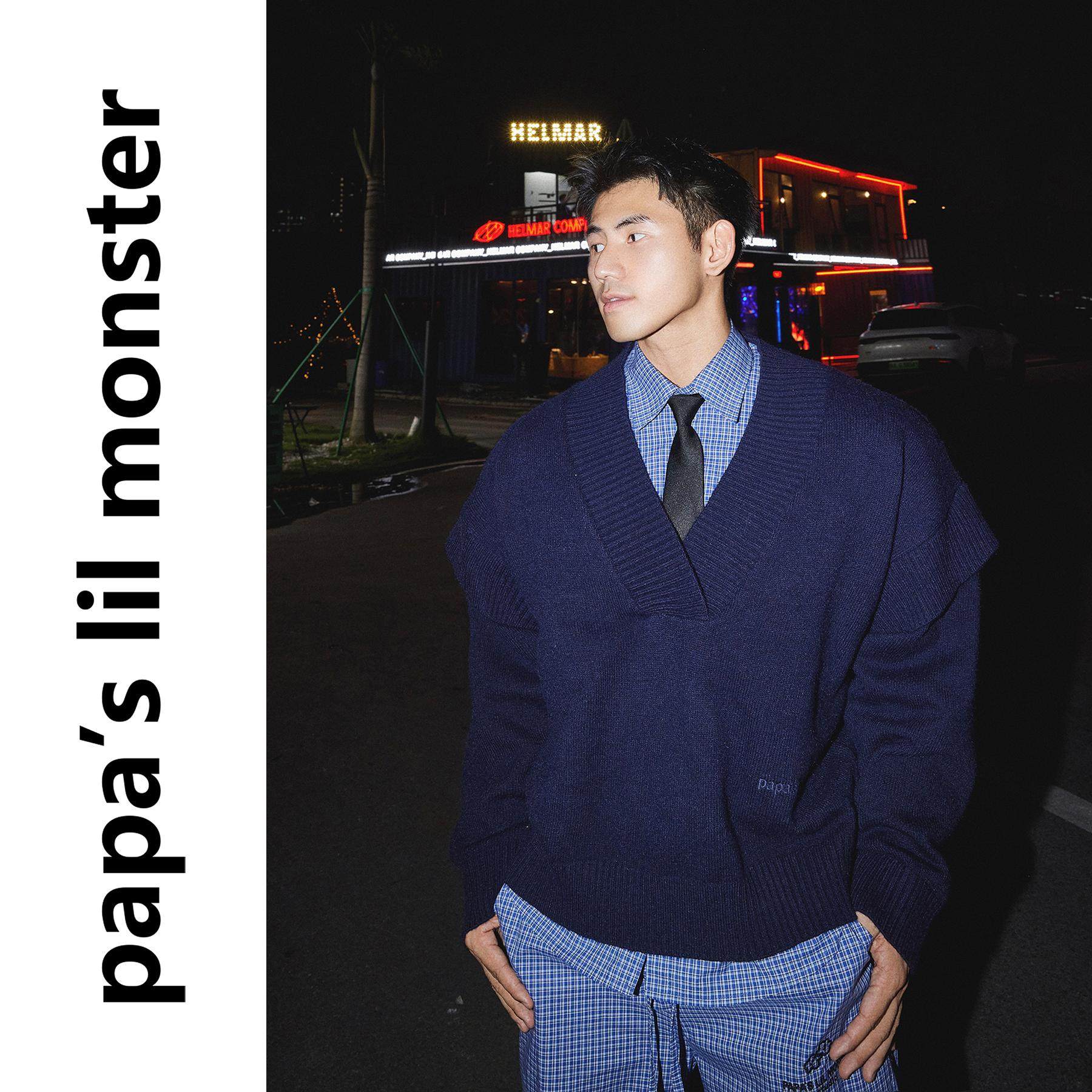 PAPASLILMONSTER【原创】套头深V领针织衫男 秋冬海妖风简约上衣,淘宝优惠券,粉丝福利购,淘宝优惠卷