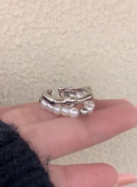 奶泥MILKMUD/原创设计不规则珍珠双层冷淡风男女开口戒指温柔优雅