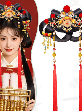 古风汉服红色流苏毛茸发包百搭