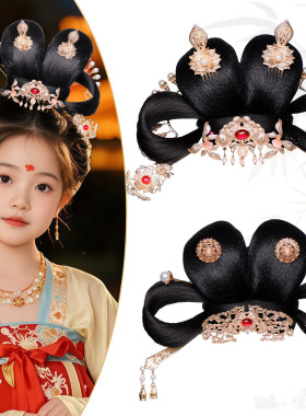女童汉服古风发髻假发套装