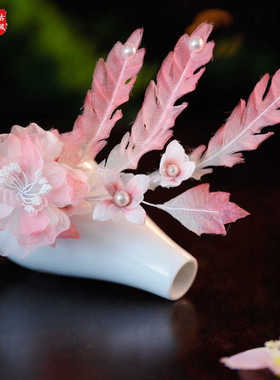 孔雀尾花朵绢纱发夹汉服头饰