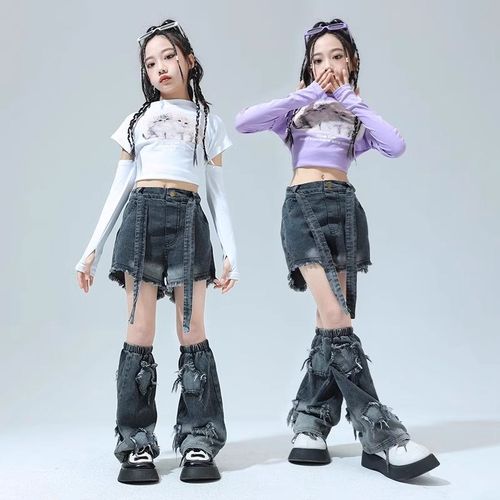 速发孩两节牛仔裤套装炸azz春流街舞潮秋款酷帅j街舞爵士舞服装 - 图3