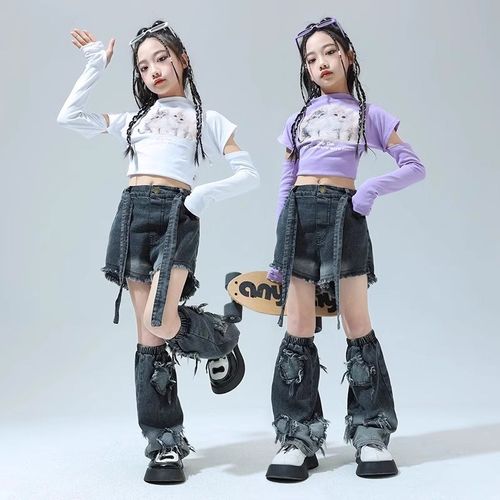 速发孩两节牛仔裤套装炸azz春流街舞潮秋款酷帅j街舞爵士舞服装 - 图0