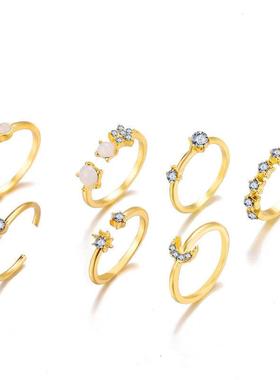 rings women 9pcs set jewelry 星芒月牙关节戒指女9件套装戒指潮