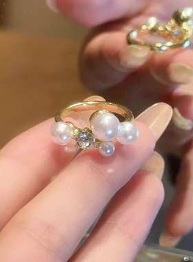 白色浪漫!锆石珍珠戒指女轻奢高级感素圈戒指女小众设计尾戒指环