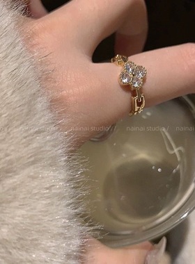 四叶花戒指~满钻锆石开口可调节食指戒2025年新款精致高级感指环