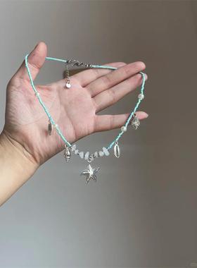 夏日清新蓝色串珠海星项链海边甜美度假风海螺贝壳锁骨链小众颈链