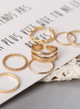 rings women 7-piece set 合金金色戒指女复古链条戒指套装7件套