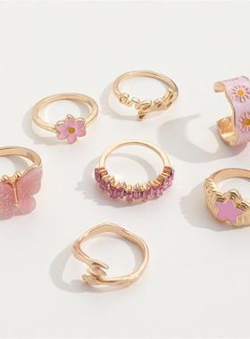 粉色滴油戒指 甜美五角星戒指Pink ring set for women
