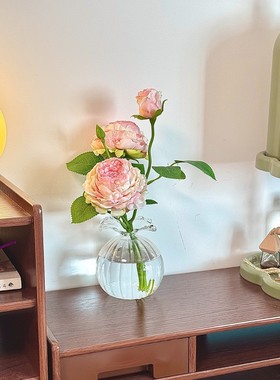 仿真玫瑰花餐桌装饰插花玻璃花瓶