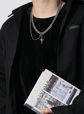 复古钛钢项链男女嘻哈ins风小众粗古巴链 锁骨链十字架吊坠毛衣链