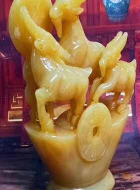 新品开泰米黄玉招财元宝羊三羊办公室玉摆M件客厅天然招财纳福风