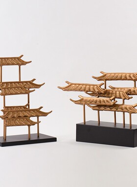 速发新中式属设屋檐金色软装饰品玄关酒店陈金艺术样板房徽派摆件