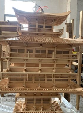 中式木雕仿古建筑模型金阁寺全实木榫卯结构悬挂饰品灯镜像倒影