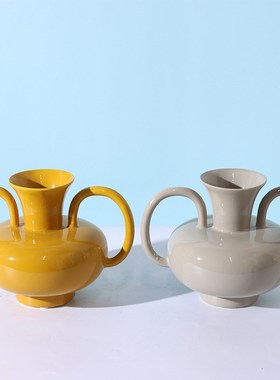 现代简约北欧亮光双耳几何陶瓷花瓶工艺品摆件家居样板房软装饰品