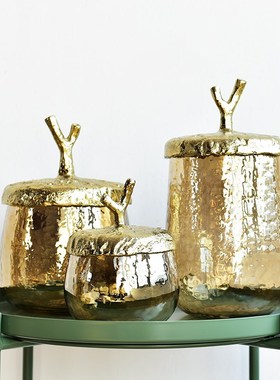 欧式轻奢收纳h罐子铜质玻璃罐子样板间摆件装饰品收纳咖啡豆储物