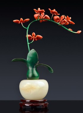 速发新中式兰花盆景摆设新铜插花家居饰品兰石玉花摆件乔迁全居礼