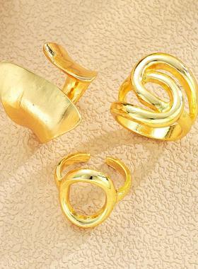 3-piece ring set欧美跨境新款金色光面不规则镂空合金戒指3件套