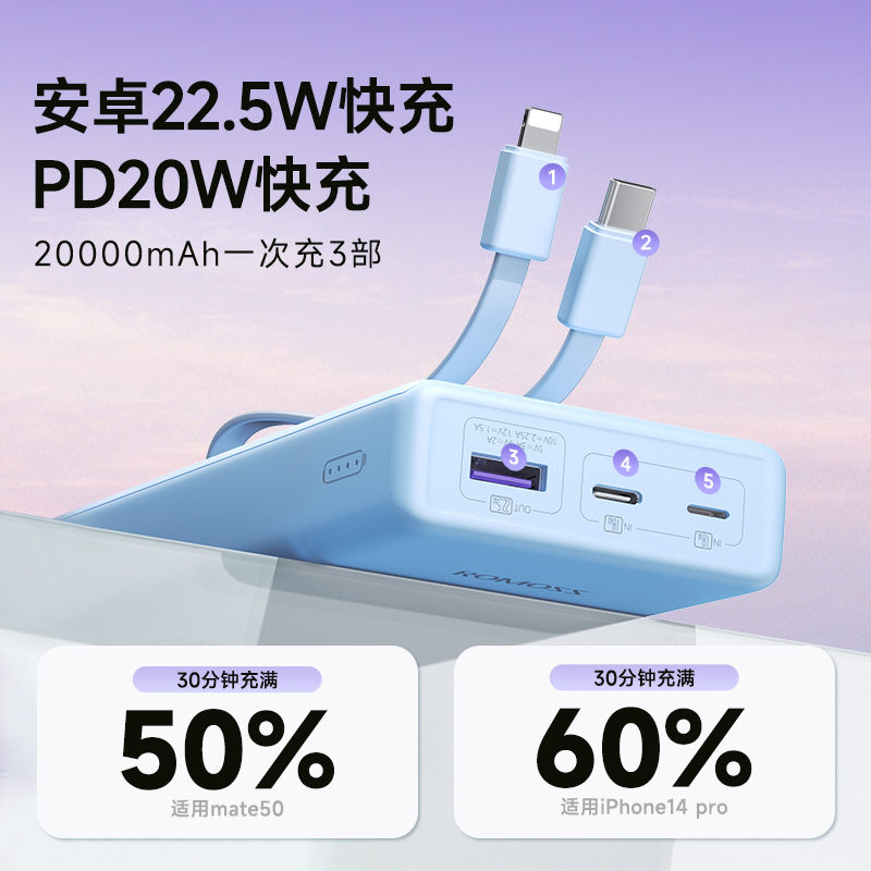 罗马仕充电宝自带双线10000毫安超级双向快充2万适用小米oppo华为苹果iPhone手机超薄小巧便携式移动电源定制