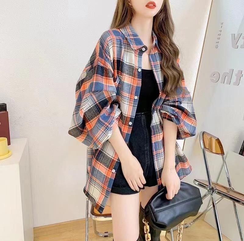 磨毛厚毛呢格子衬衫女宽松中长款秋春季新款港味百搭衬衣外-第2张图片-提都小院