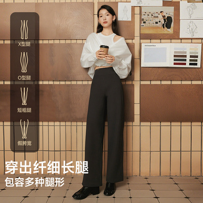 MissWiss收腹直筒裤子女冬季高腰加绒保暖黑色垂感保暖休闲阔腿裤