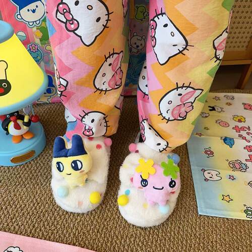 可爱拓麻歌子冬季拖鞋毛毛拖鞋女款学生宿舍居家室内保暖毛绒拖鞋 - 图1