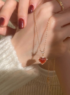 复古爱心仿红玛瑙项链锁骨链