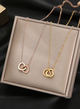 钛钢不褪色双环爱心项链