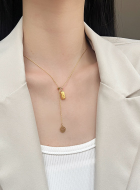 抽拉可调节招财福牌小金砖项链