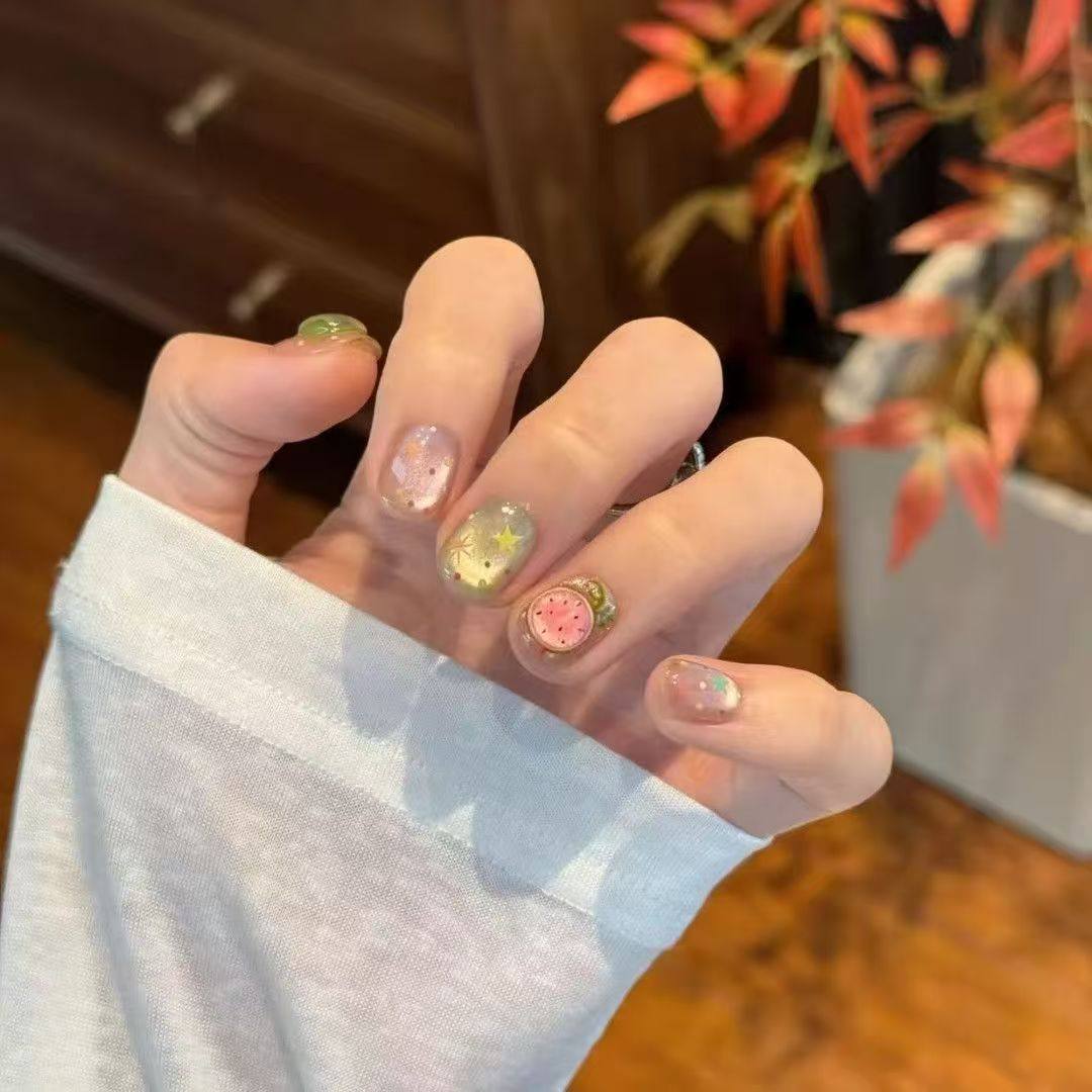 纯手工儿童穿戴甲女童美甲夏季清爽西瓜纯手工穿戴甲学生公主短款,淘宝优惠券,粉丝福利购,淘宝优惠卷