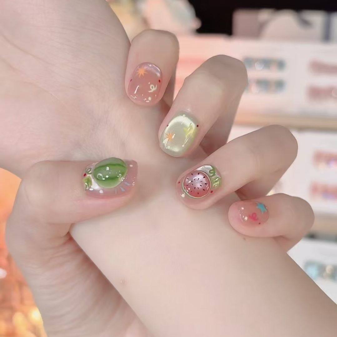 纯手工儿童穿戴甲女童美甲夏季清爽西瓜纯手工穿戴甲学生公主短款,淘宝优惠券,粉丝福利购,淘宝优惠卷