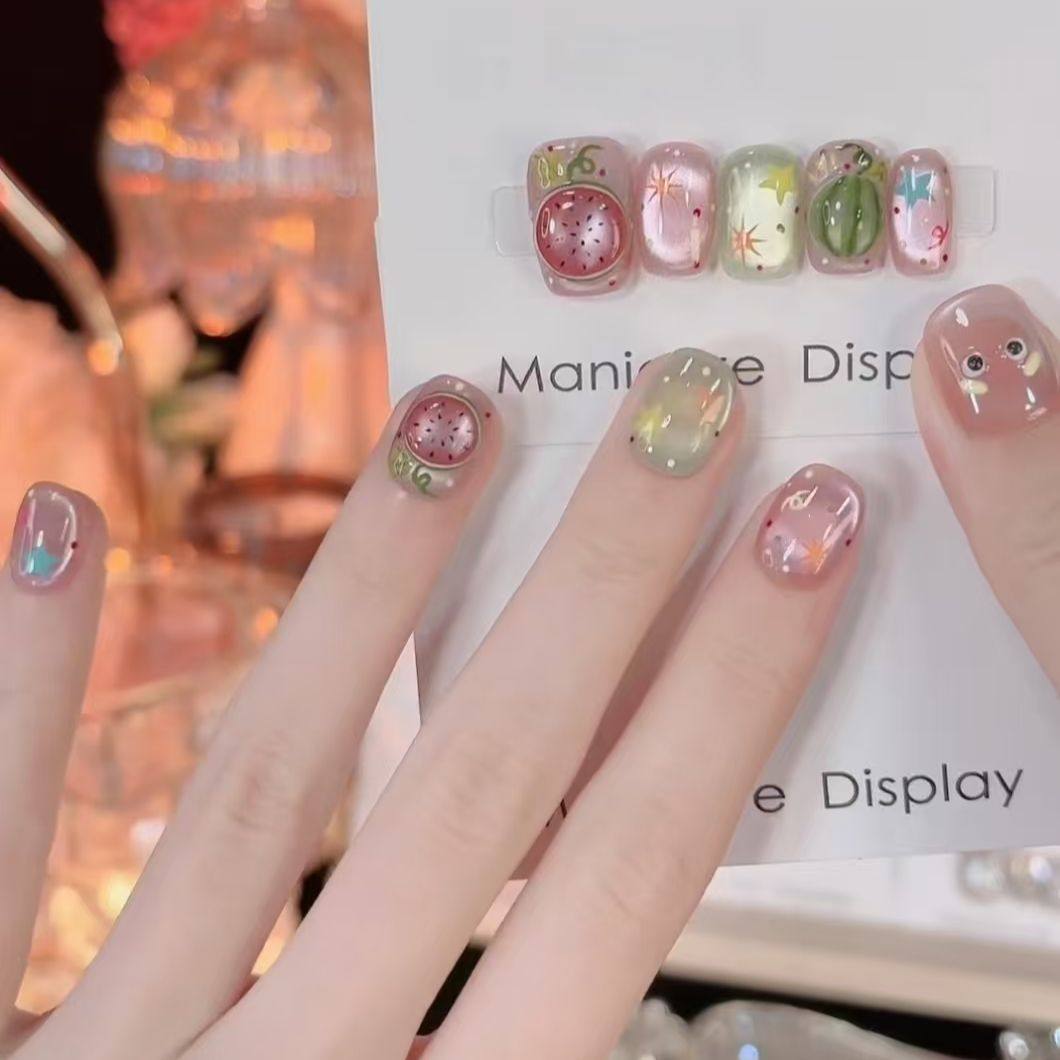 纯手工儿童穿戴甲女童美甲夏季清爽西瓜纯手工穿戴甲学生公主短款,淘宝优惠券,粉丝福利购,淘宝优惠卷