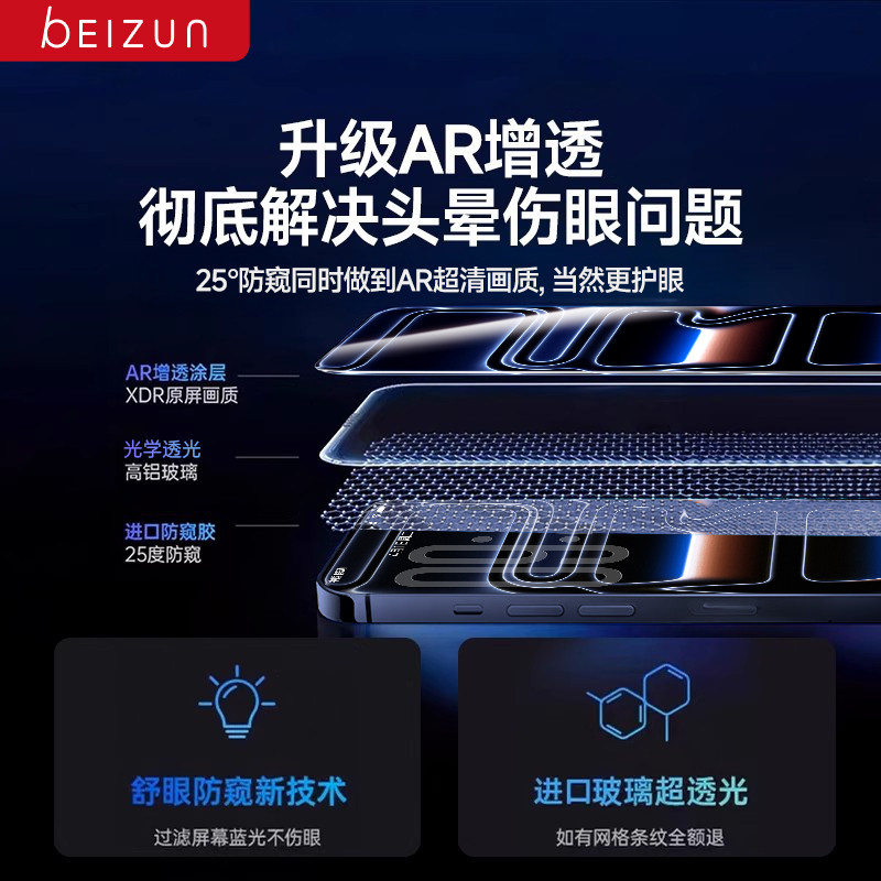 【AR护眼德国防窥】贝尊适用苹果17Promax钢化膜360度防窥iPhone16por手机膜护眼15防偷窥屏14全屏13贴膜12xr,淘宝优惠券,粉丝福利购,淘宝优惠卷