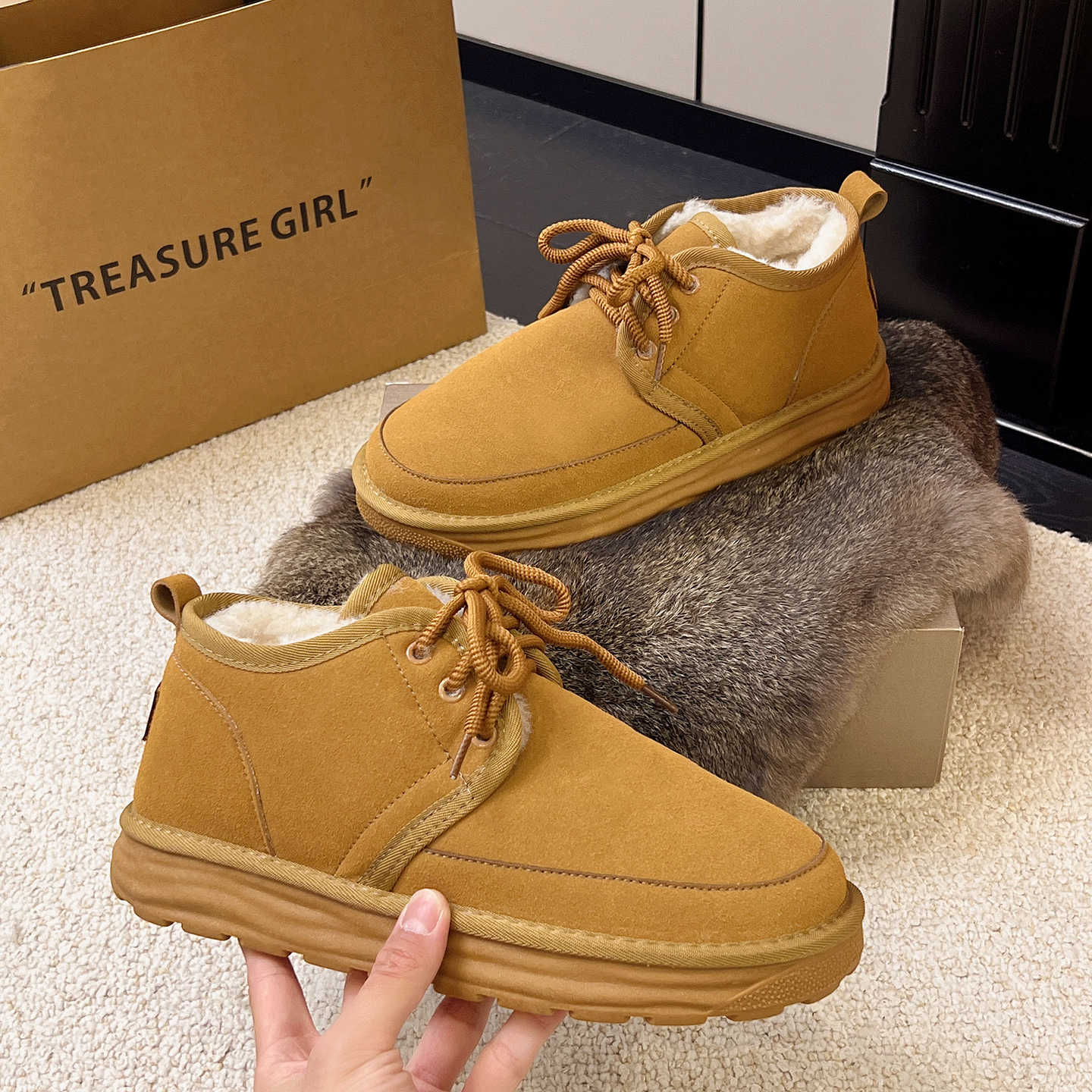 真皮雪地靴男休闲棉鞋冬皮毛一体加绒厚底羊毛东北保暖大棉鞋短靴 - 图0