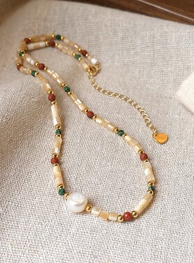 白鹿多巴胺珍珠项链彩色锁骨颈链