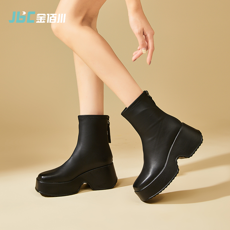 金佰川鞋子新款2023爆款秋季厚底松糕女靴黑色马丁靴女小个子短靴
