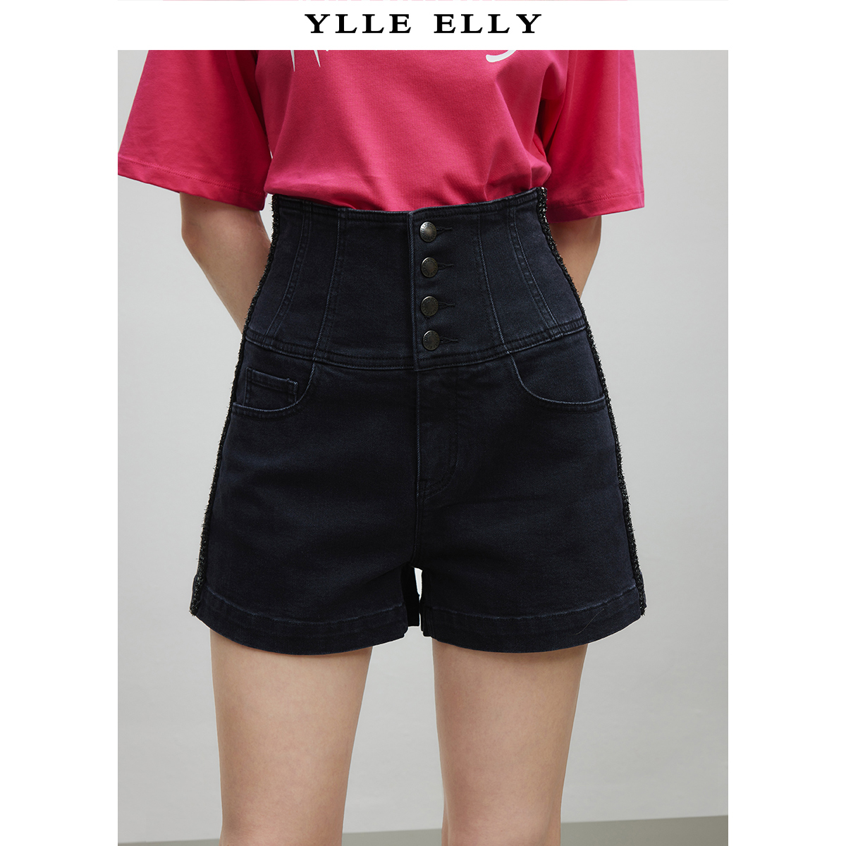 YLLE ELLY 秋装新品高腰棉质牛仔短裤休闲阔腿裤 - 图1