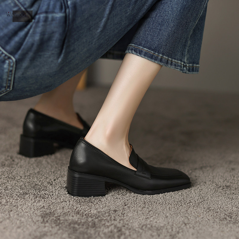真皮方头中跟单鞋子 粗跟女士单皮鞋 春秋深口鞋工作鞋复古风女鞋,淘宝优惠券,粉丝福利购,淘宝优惠卷