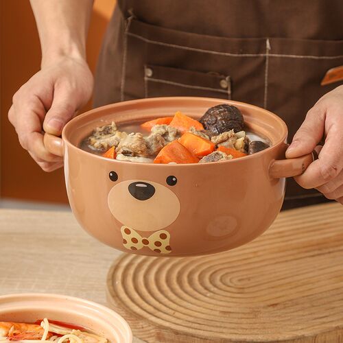 双耳陶瓷螺狮粉泡面碗专用带盖宿舍用碗高颜值熊憨憨餐具2023新款 - 图1
