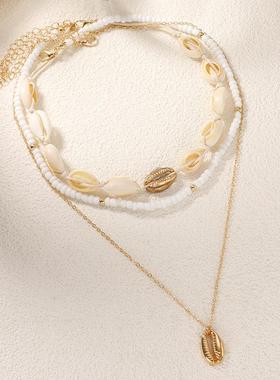 Shell necklace for women跨境锁骨链多层配饰米珠贝壳吊坠项链