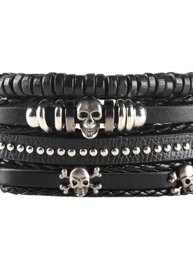 跨界男士DIY编织西装皮革手炼欧美畅销的骷髅串珠朋克风格组合手