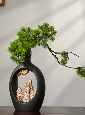 速发金山摆件新中式创意陶瓷花瓶客厅玄古装饰品博间架样板关禅意