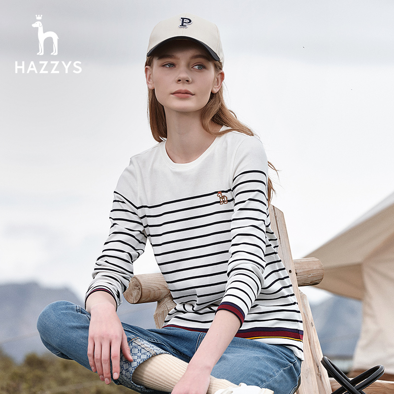 Hazzys哈吉斯品牌直降秋季新款女装条纹长袖T恤圆领休闲显瘦上衣