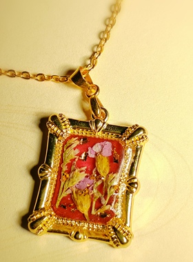 复古干花项链红色方形相框项链情人草真花项链女生生日礼物