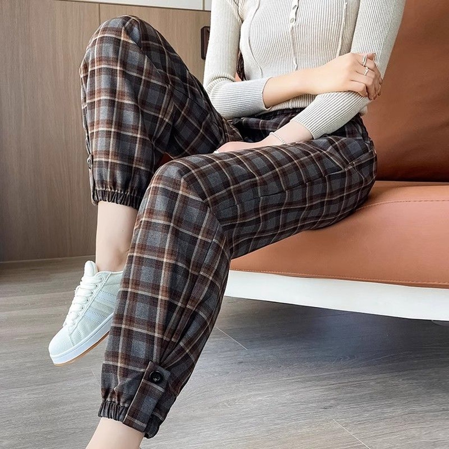 春秋冬2026新款格子休闲裤女大码加绒加厚束脚萝卜宽松哈伦运动裤,淘宝优惠券,粉丝福利购,淘宝优惠卷