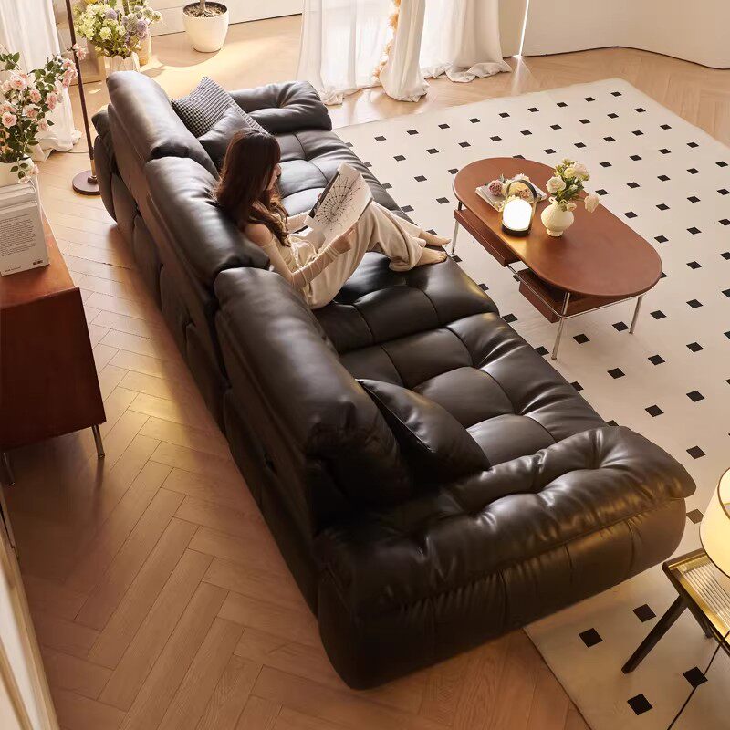 云漫真皮沙发极简客厅意式中古可调节靠背大坐深直排皮艺沙发组合